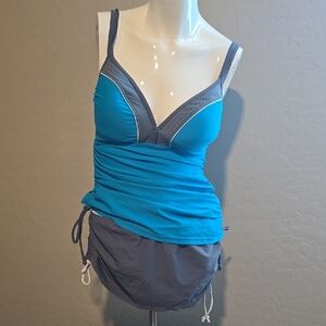 Blue and Gray Swimsuit with Adjustable Straps and Plunging Neckline